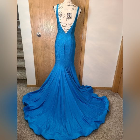 Sherri Hill 54156 Peacock rhinestone prom pageant plunge fit and flare dress - Picture 4 of 11